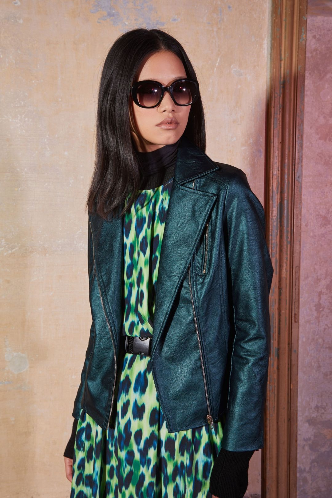 laminated imitation leather bomber jacket with printed lining