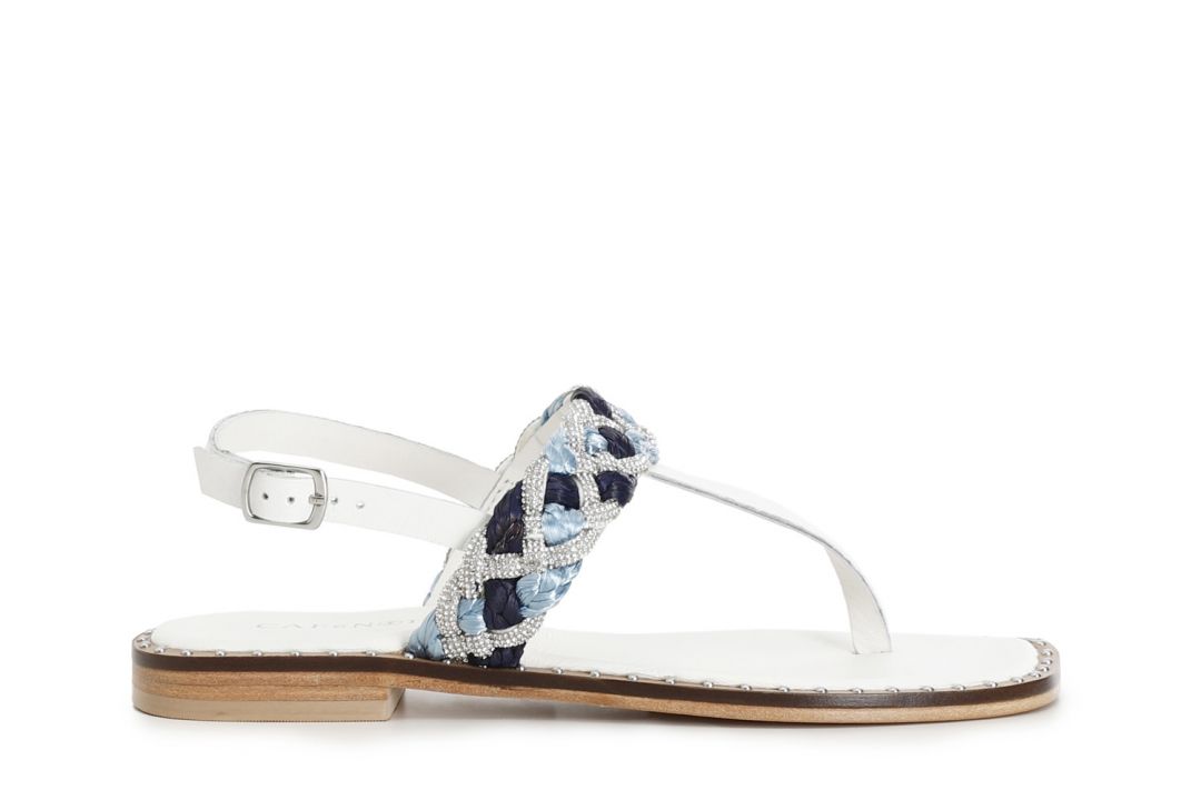 split-toe sandals with rhinestones and raffia