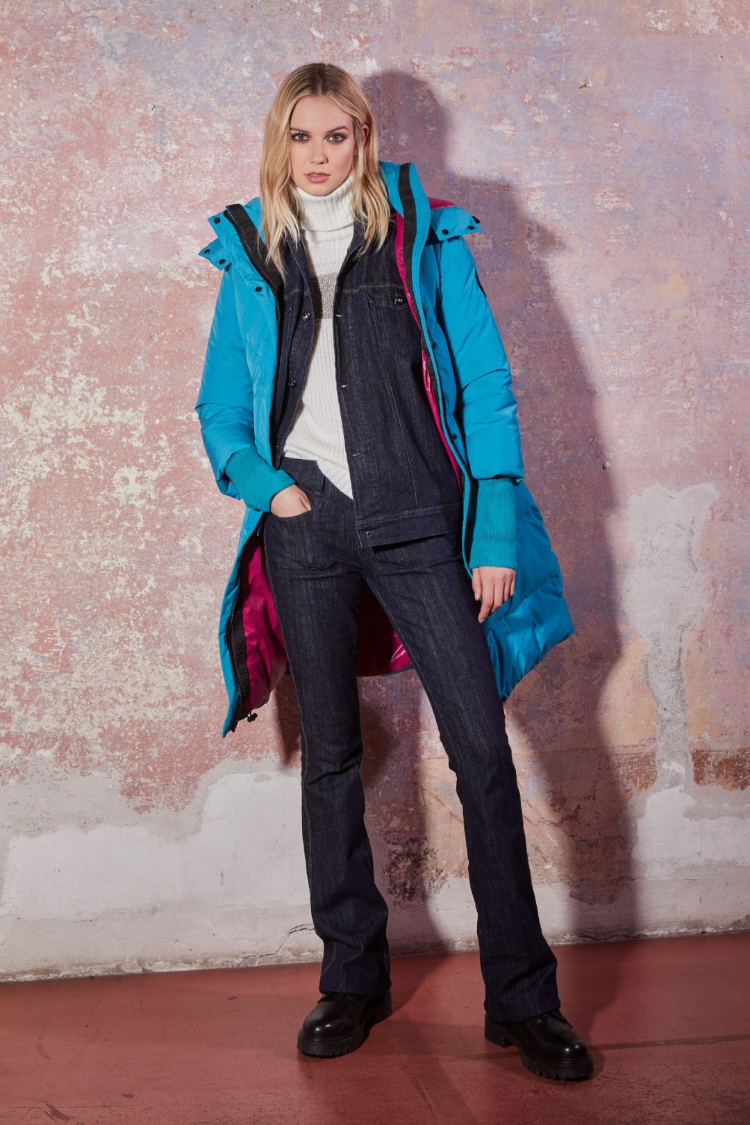 long down jacket with elastic belt