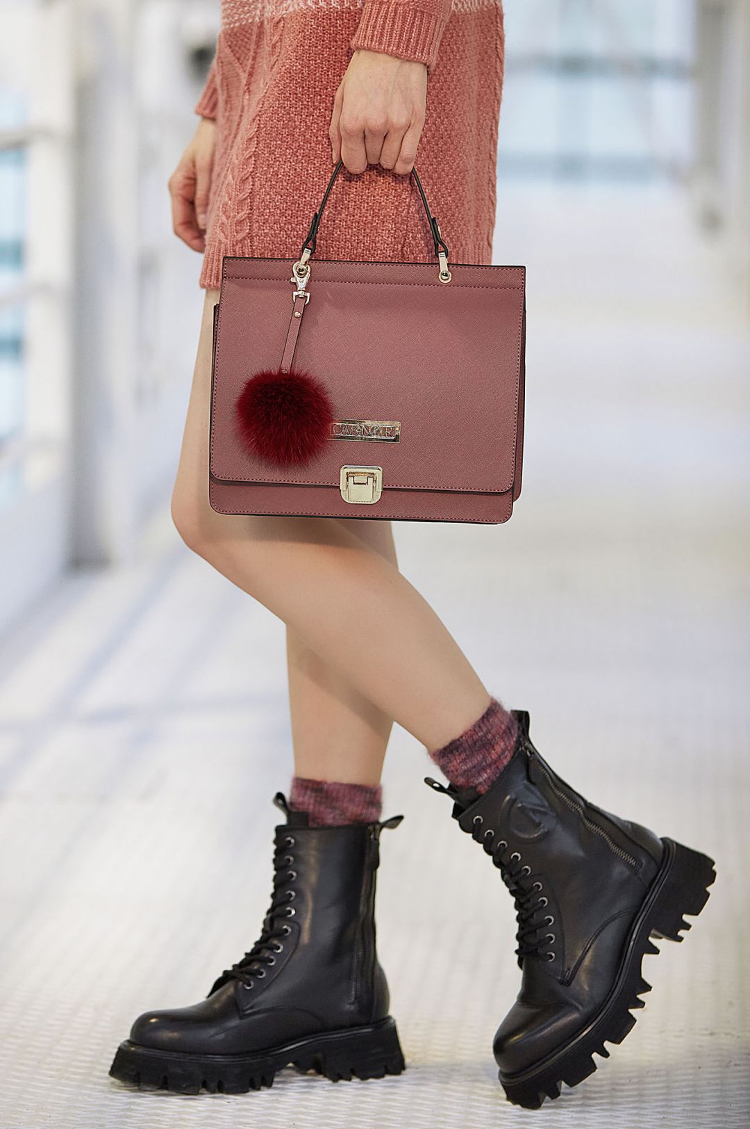 saffiano effect faux leather satchel with faux fur pom pom
