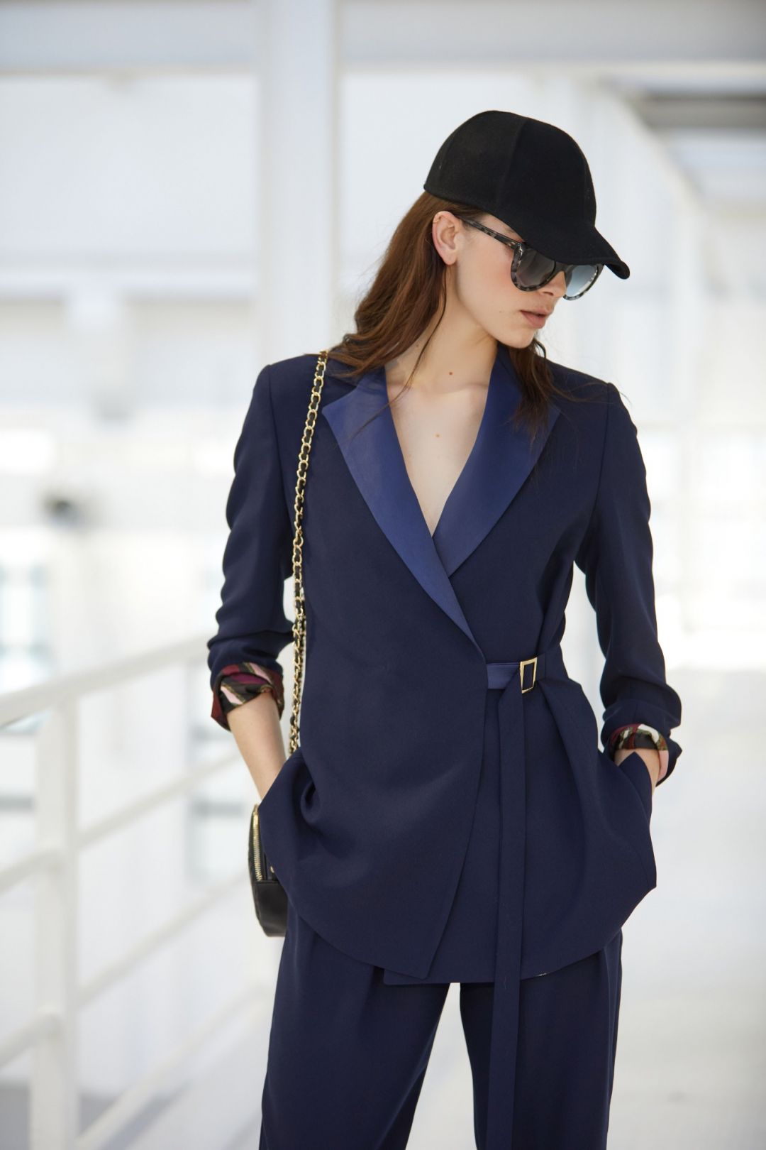 elegant jacket with sash and glossy lapels
